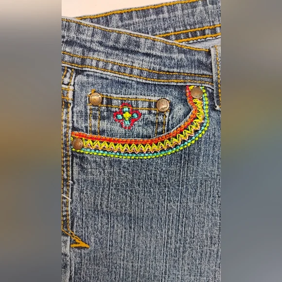 Vintage Girls Jordache Capris Sz 12 Denim Embroidery Knee Highs Stretch - Picture 3 of 12